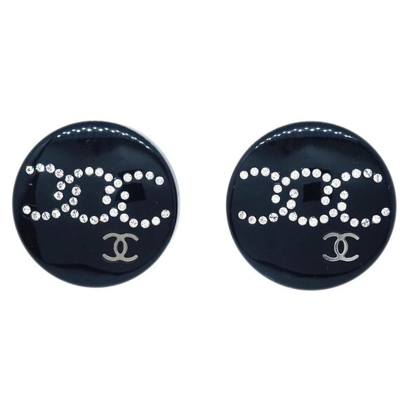 Chanel Button Piercing Earrings Black Rhinestone - Picture 1 of 4